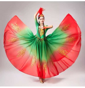 Chinese folk Xinjiang performance dresses for women girls red green color Uyghurs minority ethnic dance costumes for female